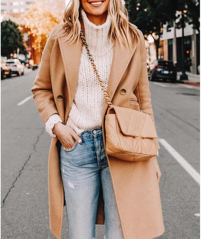 xxxiticat Women's Double Breasted Peacoat Wool Notched Lapel Trench Coat Winter Mid Length Long Jacket Overcoat in Saudi Arabia