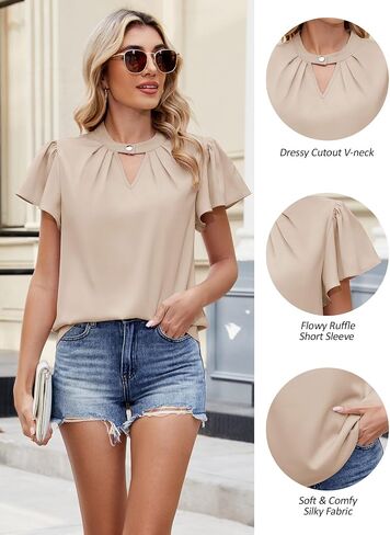 Zaful Womens 2025 Satin Tops Summer Short Sleeve Button v Neck Bluouse Dary Disual Silk Shirt in Saudi Arabia