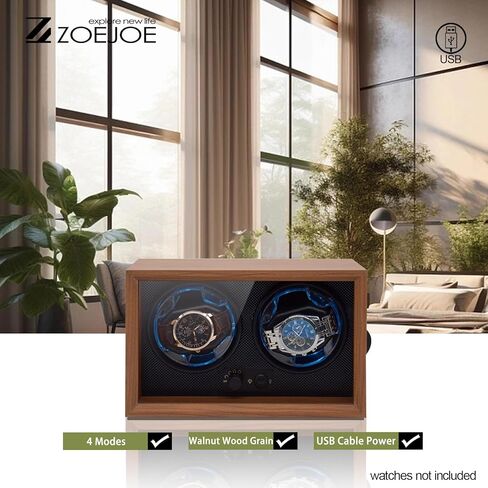 Automatic Double Watch Winder, 2 Slots Watch Winders for Automatic Watches, Flexible Watch Pillow Fit Men's and Women's Watch, 4 Modes and USB Cable Power Supply, Black Walnut Wood Grain in Kuwait