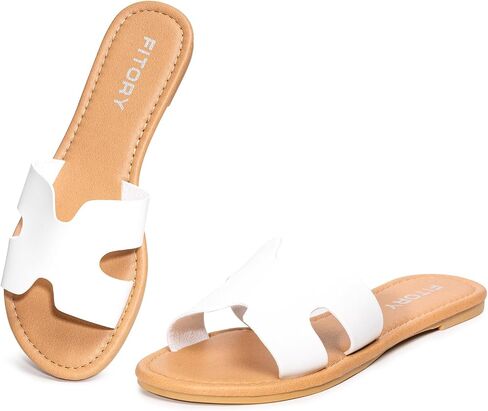 FITORY Women's Comfortable Dressy Leather Flat Sandals - Stylish & Beautiful Summer Slides Size 6-11 in Saudi Arabia