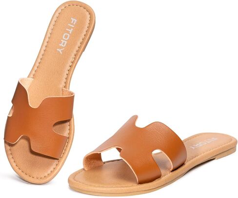 FITORY Women's Comfortable Dressy Leather Flat Sandals - Stylish & Beautiful Summer Slides Size 6-11 in Saudi Arabia