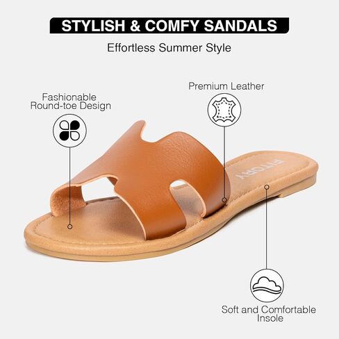 FITORY Women's Comfortable Dressy Leather Flat Sandals - Stylish & Beautiful Summer Slides Size 6-11 in Saudi Arabia