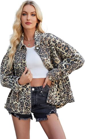 D-Sun Women Casual Denim Jacket Oversized Leopard Stars Printed Boyfriend Vintage Jean Jacket Coat with Pockets in Saudi Arabia