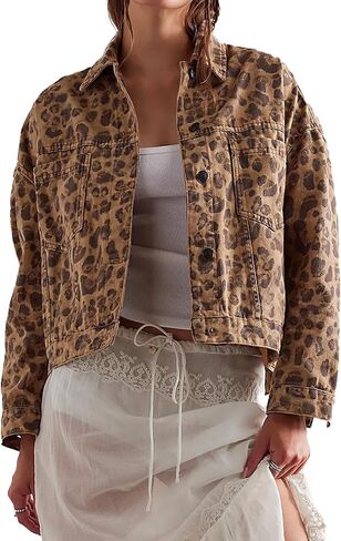 D-Sun Women Casual Denim Jacket Oversized Leopard Stars Printed Boyfriend Vintage Jean Jacket Coat with Pockets in Saudi Arabia