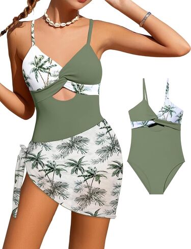 Girls'Swimwear One Piece Kids Swimsuits for Girls Tropical Twist Cross Bathing Suits with Cover Up Skirt in Saudi Arabia