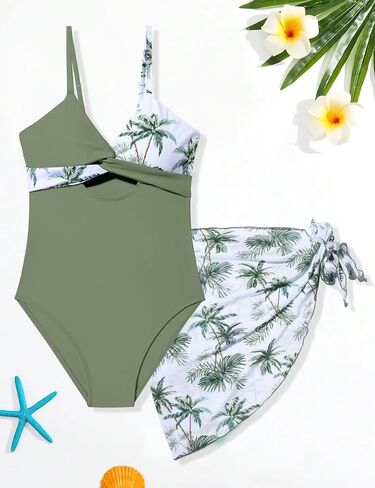 Girls'Swimwear One Piece Kids Swimsuits for Girls Tropical Twist Cross Bathing Suits with Cover Up Skirt in Saudi Arabia