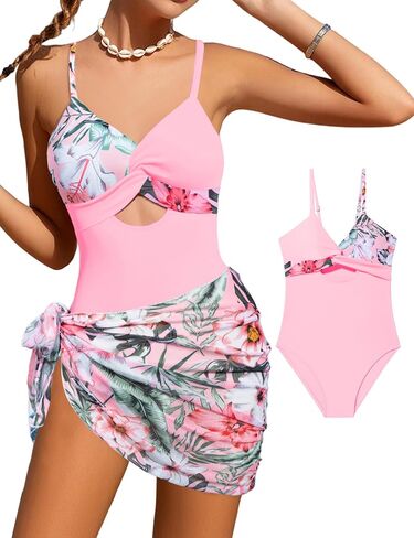 Girls'Swimwear One Piece Kids Swimsuits for Girls Tropical Twist Cross Bathing Suits with Cover Up Skirt in Saudi Arabia