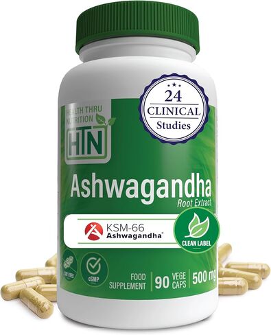 Health Thru Nutrition Ashwagandha 500mg KSM­66® 90 Capsules | Stress, Mood, Focus, & Energy | Clinically Proven and Organic Root-Only Whitania Somnifera Extract | Non-GMO, Gluten & Soy Free in Saudi Arabia
