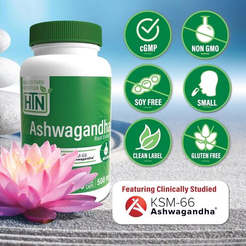 Health Thru Nutrition Ashwagandha 500mg KSM­66® 90 Capsules | Stress, Mood, Focus, & Energy | Clinically Proven and Organic Root-Only Whitania Somnifera Extract | Non-GMO, Gluten & Soy Free in Saudi Arabia
