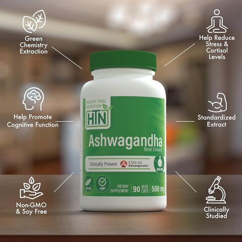 Health Thru Nutrition Ashwagandha 500mg KSM­66® 90 Capsules | Stress, Mood, Focus, & Energy | Clinically Proven and Organic Root-Only Whitania Somnifera Extract | Non-GMO, Gluten & Soy Free in Saudi Arabia