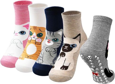 Artfasion Non Slip Socks for Women Grip Socks Novelty Cat Non Skid Socks Ladies Funny Anti Slip Socks 5 Pairs in Kuwait