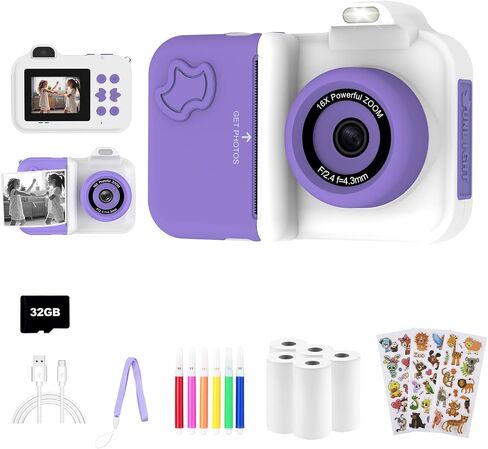 Kids Camera Instant Print, Christmas Birthday Gifts Toys for Girls Boys Age 4 5 6 7 8 9 10 11 12 Years Old,1080P HD Dual-Lens Selfie Digital Camera with 5 Rolls Print Paper Stickers Pens & 32G Card in Kuwait