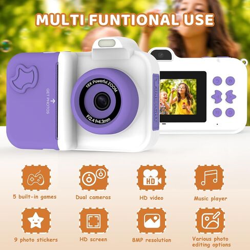 Kids Camera Instant Print, Christmas Birthday Gifts Toys for Girls Boys Age 4 5 6 7 8 9 10 11 12 Years Old,1080P HD Dual-Lens Selfie Digital Camera with 5 Rolls Print Paper Stickers Pens & 32G Card in Kuwait