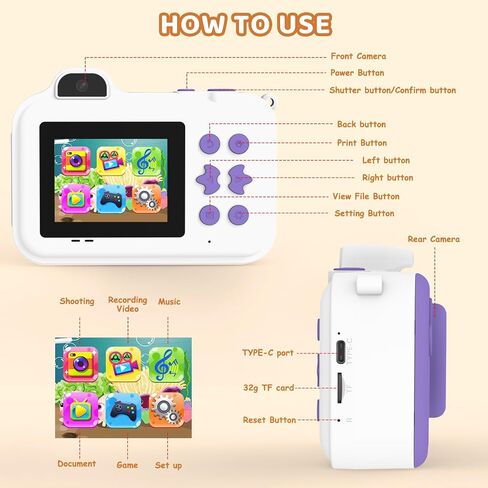 Kids Camera Instant Print, Christmas Birthday Gifts Toys for Girls Boys Age 4 5 6 7 8 9 10 11 12 Years Old,1080P HD Dual-Lens Selfie Digital Camera with 5 Rolls Print Paper Stickers Pens & 32G Card in Kuwait
