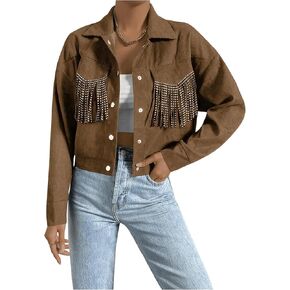 MakeMeChic Women's Corduroy Coat Rhinestone Fringe Tassel Cowgirl Jacket Button Down 70s Hippie Costume