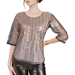 Vijiv Women's Captivated Blowling Glitter Mid Sleeve Reds Tops ، قميصًا عصريًا رائعًا لليلا غاتسبي حفلة غاتسبي