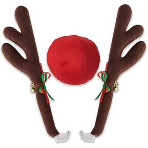 Christmas Reindeer Antlers Car Decoration Kit Plush Rudolf Auto Reindeer and Red Nose Set with Jingle Bells - Best Chrictmas Gift Choice