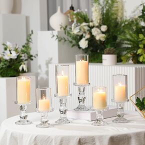 6 Pcs Glass Hurricane Candle Holder Pillar Candle Holder Set Taper Candlestick Crystal Tealight Candle Holder Stand with Windproof Sleeve for Dining Table Living Room Centerpiece