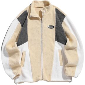 ZAFUL Men's Long Sleeve Zip Up Coat Faux Fur Ethnic Color Block Pullover Tops Pocket Drawstring Hem Oversized Outwear Jacket