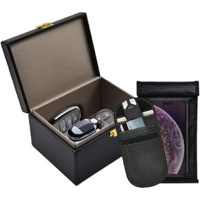 Faraday Box Set & RFID Blocking Sleeves - Anti-Theft Signal Blocking Bags for Phone/Car Keys, Stylish Black & Gold Design, Military-Grade Shielding Technology for Home/Car Security (Black,3in1)