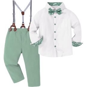 DISAUR Boy Formal Suits Wedding Outfit Long Sleeve Button Down Dress Shirt Bow Tie Suspender Pants Gentleman for 5-9 Years