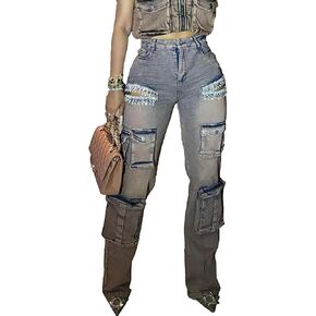 Womens Rhinestone Cargo Jeans Y2k High Waisted Ripped Cut Out Straight Leg Sparkly Baggy Sexy Denim Pants