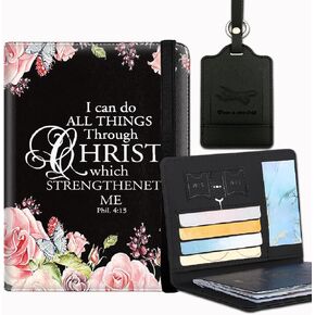 Passport Cover and Luggage Tag Set, PU Leather Passport Case Holder Travel Suitcase Tag, Travel RFID Blocking Passport Cover Passport Wallet for Women Men, Christian Bible Verse Phil 4-13