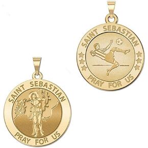 PicturesOnGold.com Soccer - Saint Sebastian Doubledside Sports Religious Medal 2/3 Inch Size of Dime, Solid 14K Yellow Gold