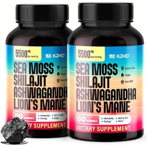 KJHD Shilajit Ashwagandha Gummies with Sea Moss, Beet Root, Lion’s Mane Mushroom & Black Seed Oil – Organic Herbal Superfood Supplement – 60 Vegan Gummies