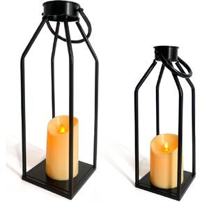 LIFFY Candle Lanterns Decorative Indoor - Modern Farmhouse Lantern Home Decor - 2PCS Black Metal Candle Lanterns, Flickering Candles for Living Room, Indoor, Outdoor, Front Porch
