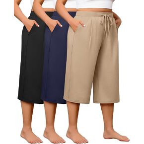 Huukeay 3 Pack Women's Plus Capri Size ، وطيئة الساق الواسعة الساق مرنة يوجا بنطلون سروال قصير مع جيوب