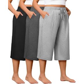 Huukeay 3 Pack Women's Plus Size Capri Pants, Wide Leg Drawstring Elastic Waist Yoga Pants Loose Cropped Trouser with Pockets in Saudi Arabia