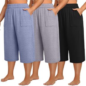 Neer 3 Pack Women Plus Size Capris Cotton Wide Leg Cropped Pants Casual Elastic Waist Loose Fit Lounge Sweatpants with Pocket