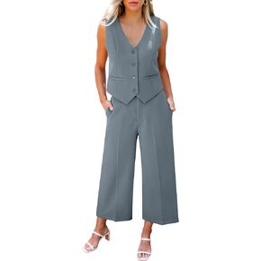LookbookStore Pant Suits for Women Dressy Two Piece Business Casual Outfits Sleeveless Blazer Summer Vest and Pants Sets