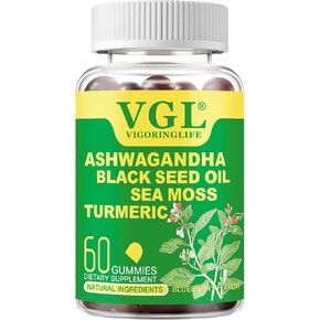Ashwagandha Gummies for Women & Men - Sea Moss, Black Seed Oil, Ashwagandha, Turmeric, Manuka Honey, ACV, Dandelion, Black Pepper, Burdock, Bladderwrack, Blueberry Flavor, Vegan, 60 Gummies