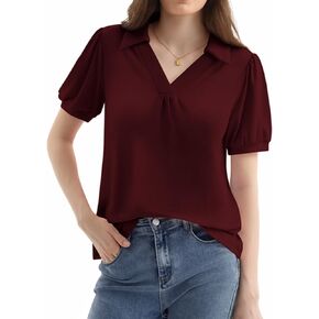 Womens Puff Short Sleeve Polo Shirts V Neck Dressy Business Casual Summer Collared Tops Loose Tunic Cute Blouses