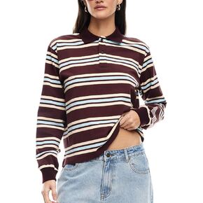 Women Oversized Striped Polo Shirt Vintage Long Sleeve Cropped Rugby Top Lapel Collar Y2k Pullover Tee Streetwear