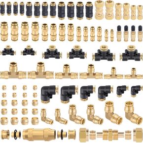 CheeMuii 80 PCS Brass DOT Air Line Fittings Kit DOT Push Lock and Compression Air Fitting Pure Brass Quick Connect Union 1/8" 1/4" 3/8" 1/2" Air Hose Fittings Assortment