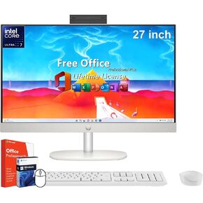 HP 27” All-in-One Desktop PC, AMD Ryzen 7 5700U, 12 GB RAM, 256 GB SSD & 1 TB Hard Drive, Full HD IPS Display, Windows 11 Pro, 720p Privacy Webcam, Dual Mics, Keyboard and Mouse (27-CB0052, 2022)