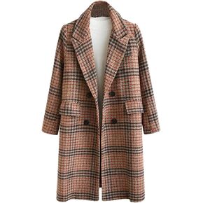 SOMTHRON Women's Plaid Trench Coat Oversize Double Breasted Lapel Jacket Mid-Long Winter Pea Coat Overcoat