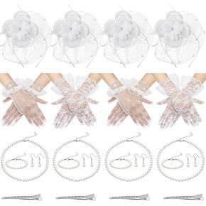 12 Pcs Fascinators Set for Women Tea Party Fascinator Derby Hat Headband Veil Tea Party Hats and Gloves Set for Women