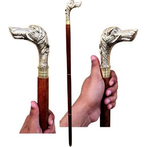 Handmade Walking Stick for Men - Solid Brass Dog Head with Foldable Stick