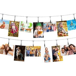 Hanging Photo Display Photo Clip Photo String with Clips Wall-Mounted Picture Holder with 12 Clips for Hanging Painting Family Photos Artworks Home Decor(2 PCS) (Silver Color)