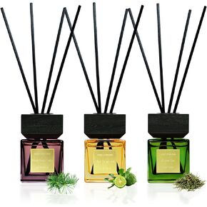 Reed Diffuser Set of 3, 50ml White Birch Cedar & Oud Bergamot & Green Tea Essential Oil with 15 Diffuser Sticks, Long Lasting Fragrance Air Freshener for Home,Office Decor
