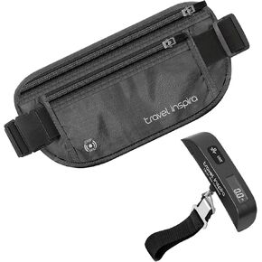 travel inspira RFID Blocking Travel Money Belt with Anti-Thief Zip - Slim Passport Holder and Digital Luggage Scale 110 Pounds, Battery Included