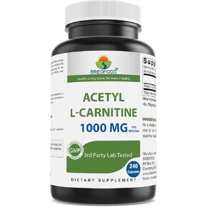 Brieofood acetyl l-carnitine 1000 ملغ لكل وجبة- 240 كبسولة. خالية من الغلوتين ، غير المعدلة وراثيا.