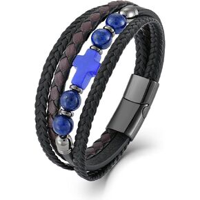 سوار من الجلد والحبال الحجرية - مجوهرات دينية مسيحية للرجال (Lapis/Onyx/Turquoise/Tiger Eye) ، تصميم مضفر بأحجام Clasp ، 8.3 "و 9.1"