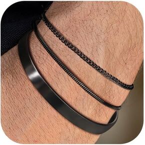 3 Pcs Cuff & Chain Bracelets Set for Men, Gold/Silver/Black Mens Stainless Steel Non Tarnish Bracelet 7-8.6 in Adjustable Box Chain Cuban Link Open Cuff Bracelets Stack for Mens Trendy Jewelry