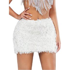 Makemechic Women's Furry Faux Fur Skirt Bodycon Low Pheched Summer Mini Skirt