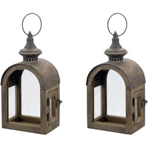 12" High Wooden Dome Lantern Made of Solid Fir Wood and Real Glass in Rustic Brown Finish with Rustic Metal Top, Hurricane Lantern, Farmhouse Lantern (1, Brown, Small)